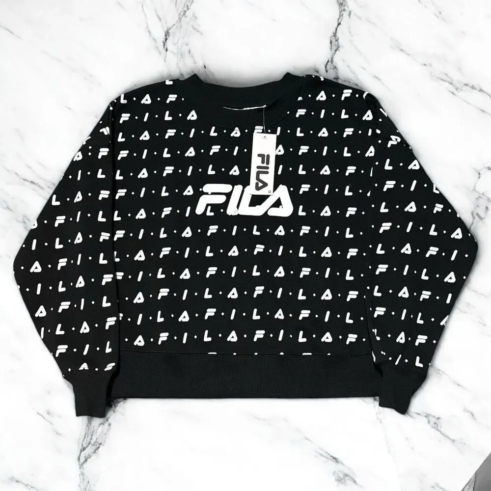 Fila Sweatshirt Women’s 2X Black All Over Logo Crewneck Pullover Long Sleeve NWT